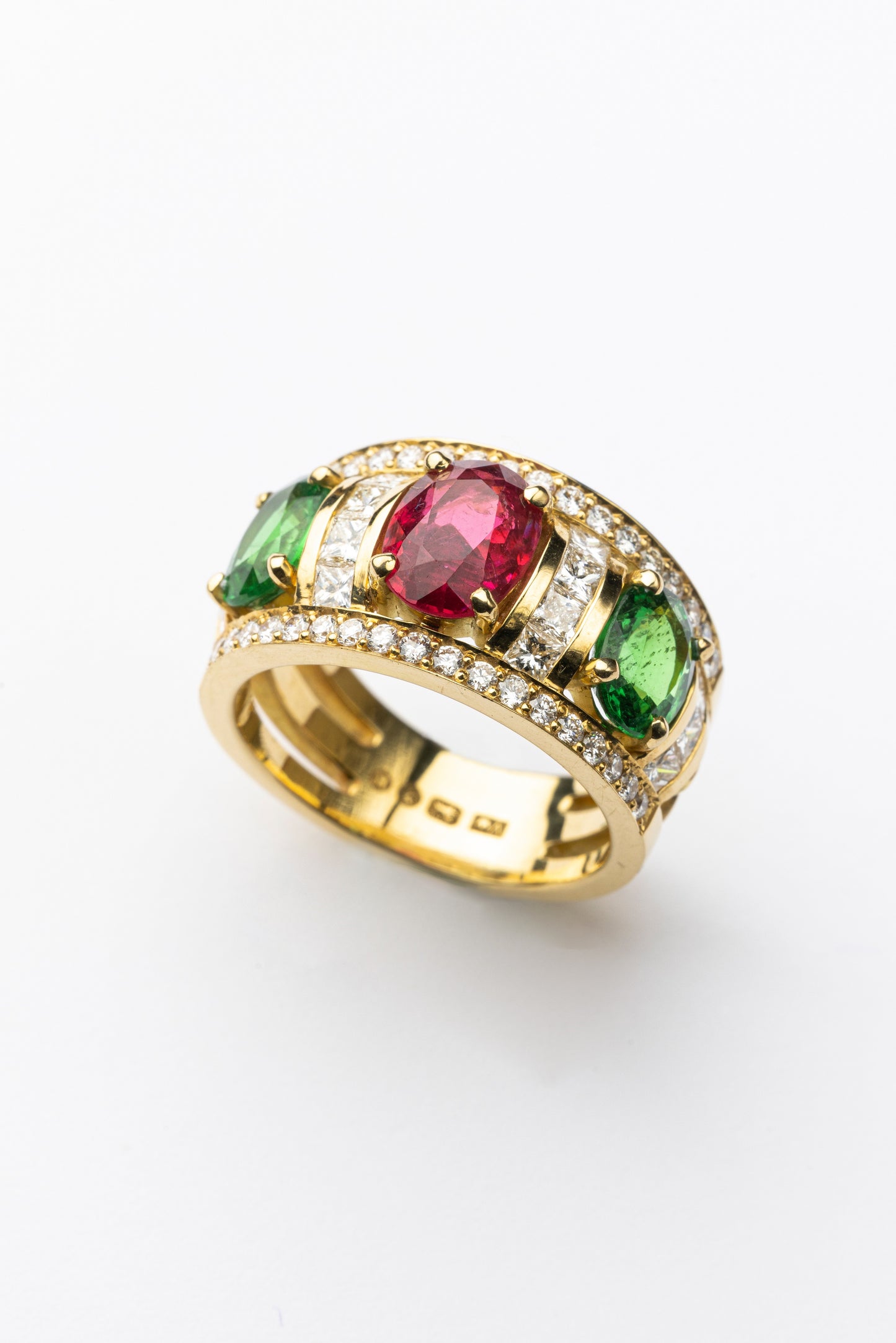 Spinel, Tsavorite ring with diamonds.