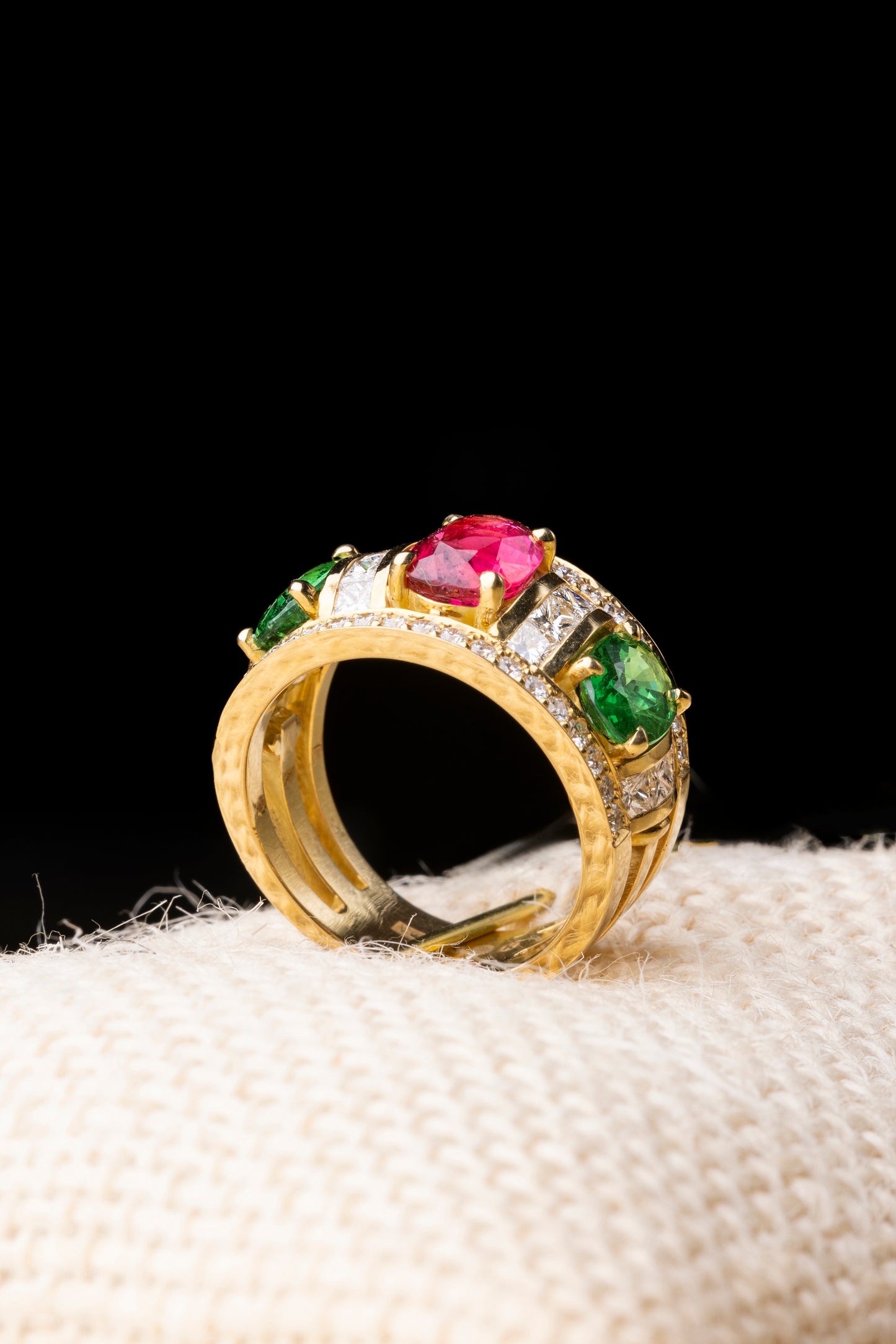 Spinel, Tsavorite ring with diamonds.